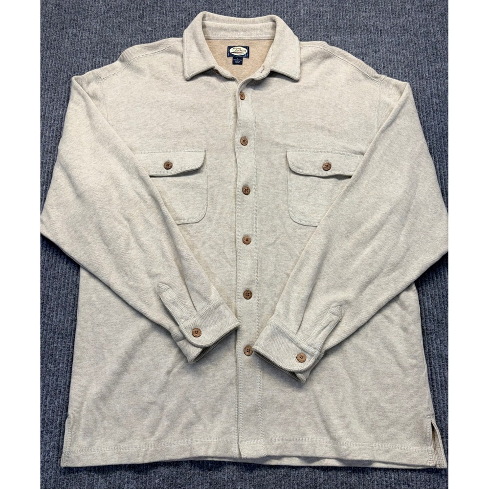 Tommy Bahama Mens Large Oatmeal Ribbed Cotton Long Sleeve Button Up Shirt Jacket